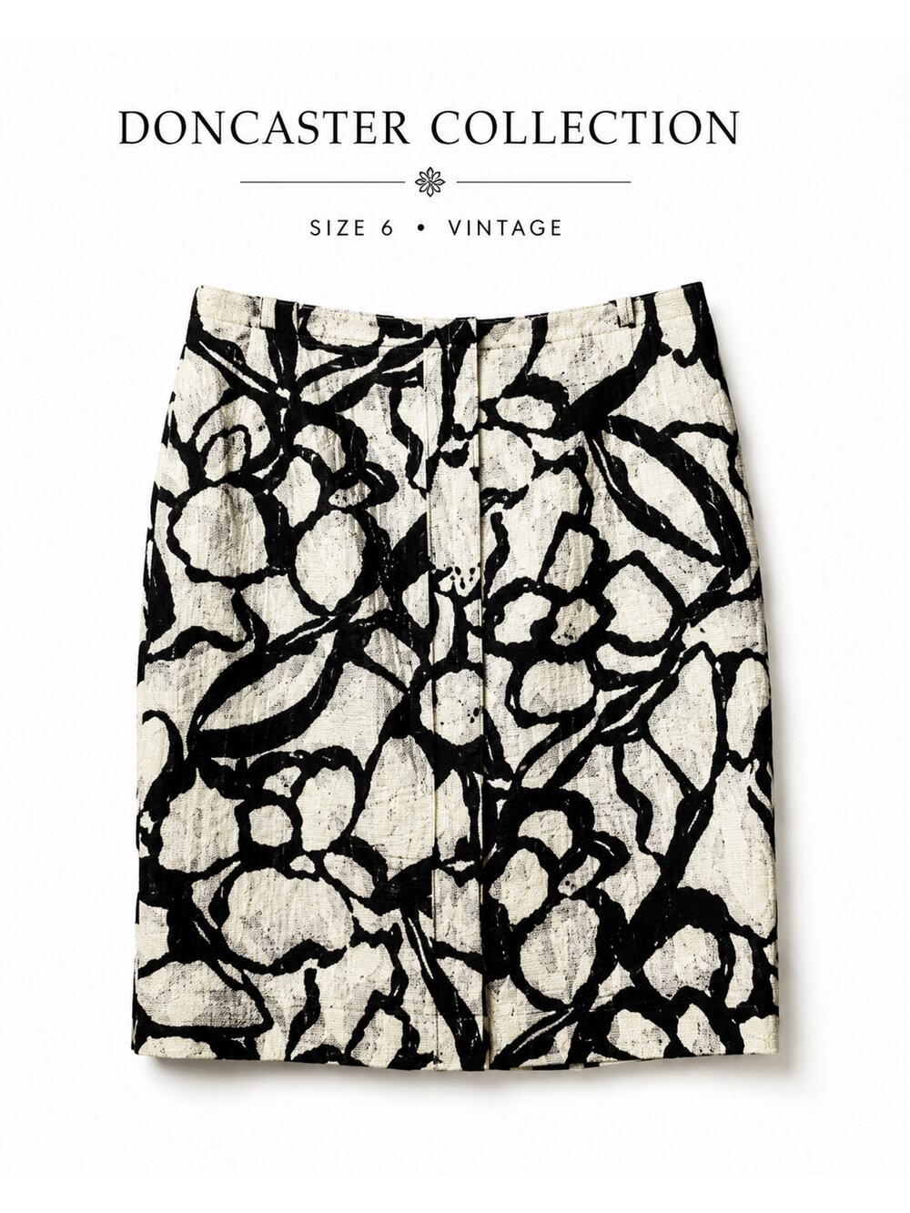 Doncaster Collection Black White Floral Pencil Skirt Cotton Size 6 Vintage USA